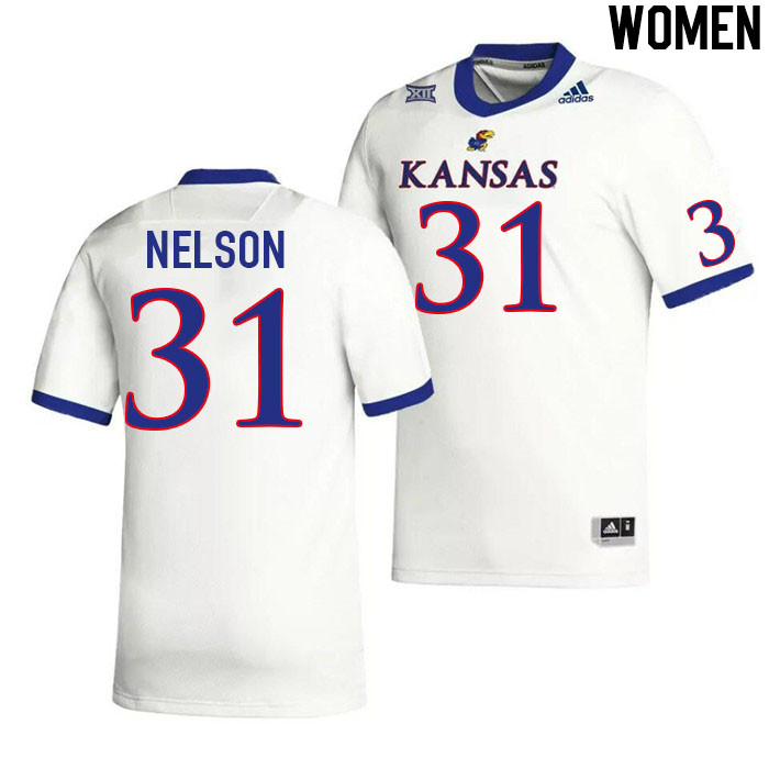 Women #31 Landon Nelson Kansas Jayhawks College Football Jerseys Stitched Sale-White